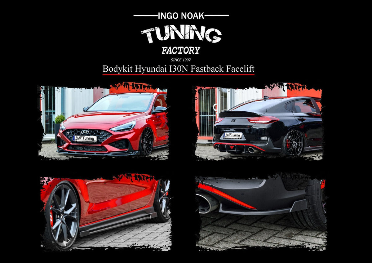 Bodykit für Hyundai i30N Fastback Facelift ab 2021, Ingo Noak Tuning, sichtbar an Stoßstange, Seitenschweller und Heckpartie