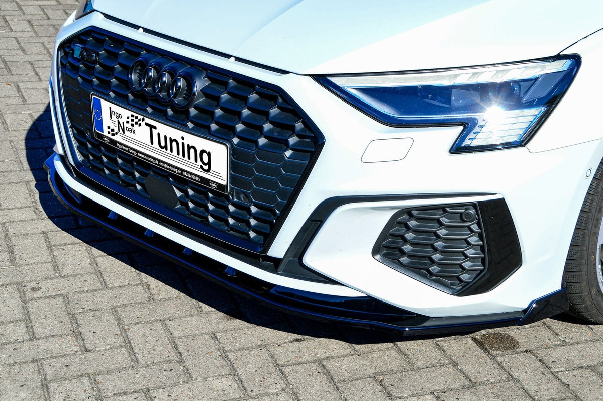 Frontspoilerlippe mit Wing für Audi A3 8Y S-Line und S3, Ingo Noak Tuning, schwarze Kunststoff-Optik, sportliches Design
