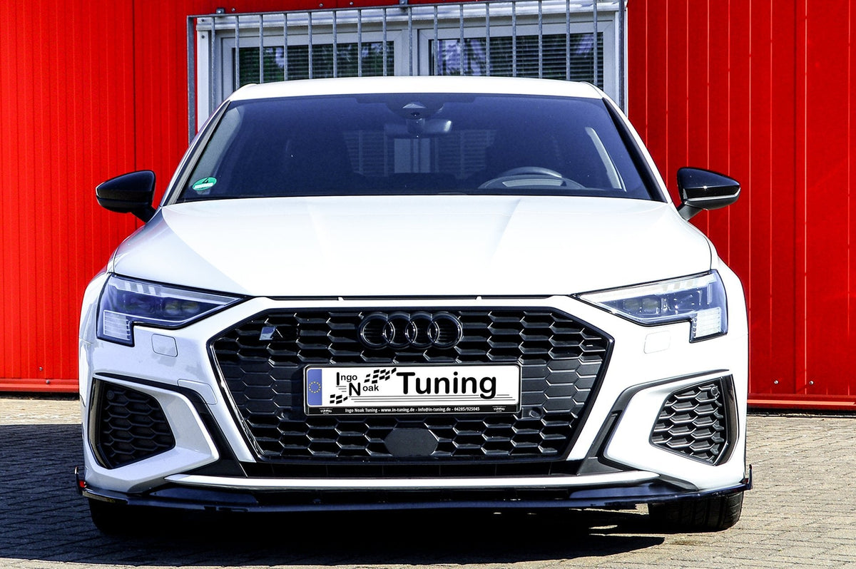 Frontspoilerlippe mit Wing für Audi A3 8Y S-Line und S3, Ingo Noak Tuning, schwarze Kunststoffstoßstangenverkleidung