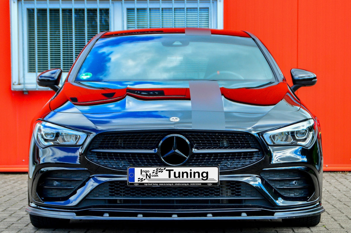 Schwarze Cuplippe Spoilerlippe aus ABS für Mercedes CLA AMG-Line C118 X118, von Ingo Noak Tuning, auf einem Auto montiert
