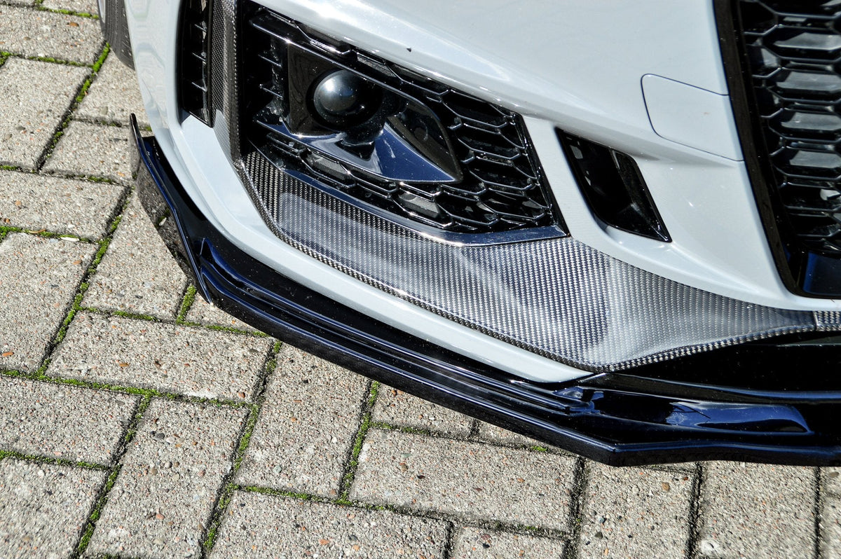Frontspoilerlippe mit Wing für Audi RS4 B9, Ingo Noak Tuning, schwarze Kunststoffoptik, montiert an der Fahrzeugfront.