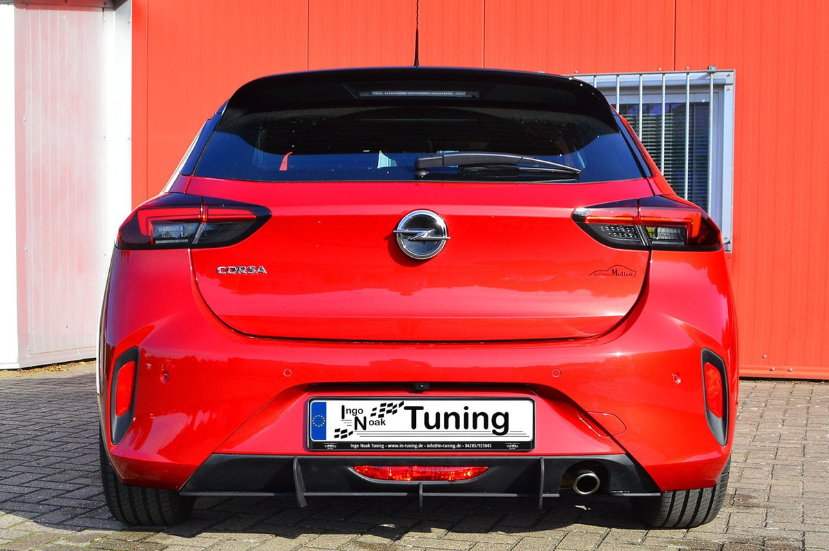 Gefräster Heckansatz mit Finnen für Opel Corsa F GS-Line, schwarz, aus hochwertigem Kunststoff, von Ingo Noak Tuning.