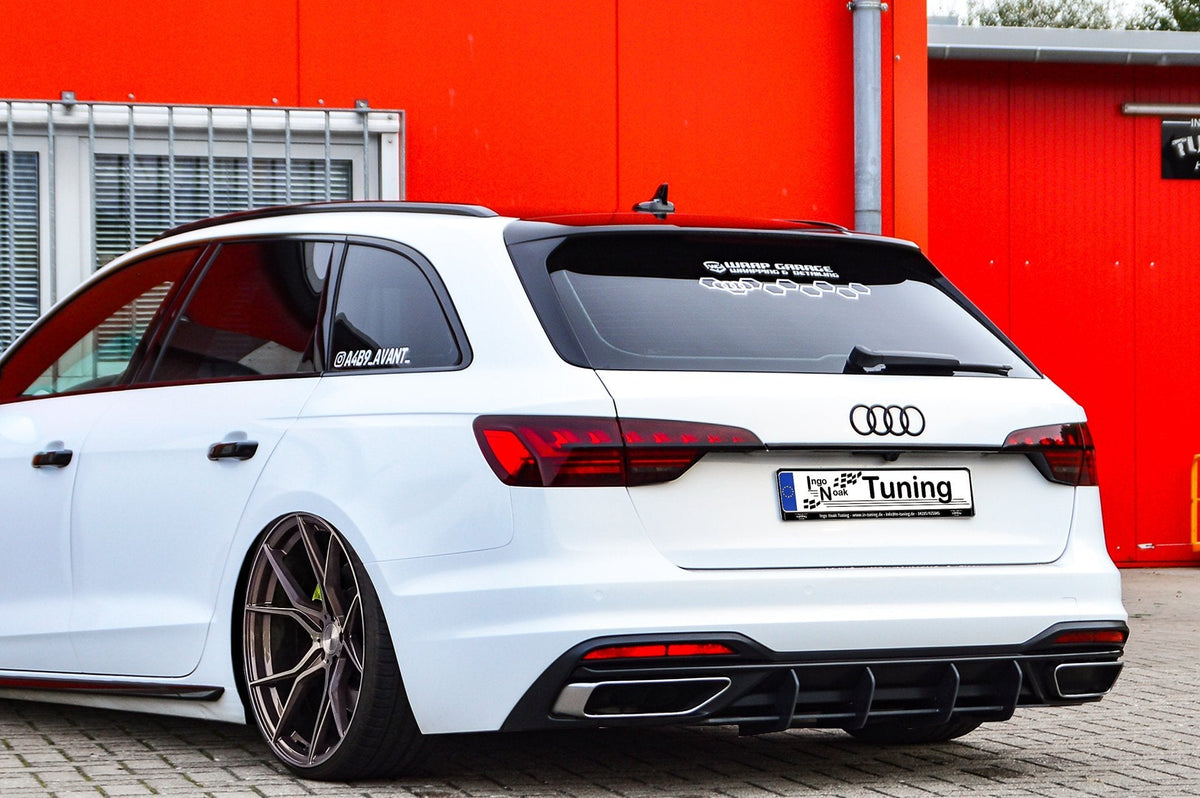 Gefräster ABS-Heckansatz für Audi A4 B9 Avant Facelift, in schwarzer Oberfläche, von Ingo Noak Tuning, detailreiche Verarbeitung