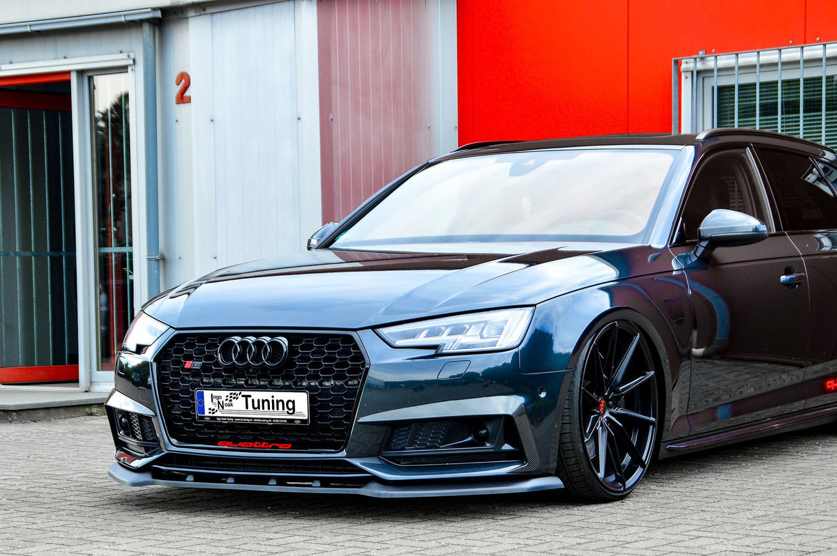 Frontspoilerlippe V2 für Audi A4 S-Line und S4 B9, schwarze Tuning-Frontlippe aus Kunststoff, sichtbar auf der Abbildung