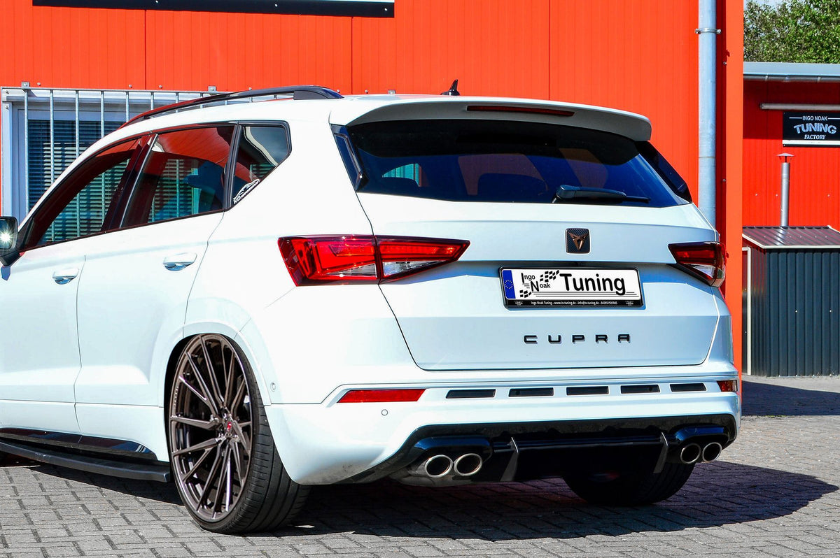 Gefräster Heckansatz Diffusor für Cupra Ateca 5FP mit Anhängerkupplung, in Ingo Noak Tuning Design, aus schwarzem Kunststoff