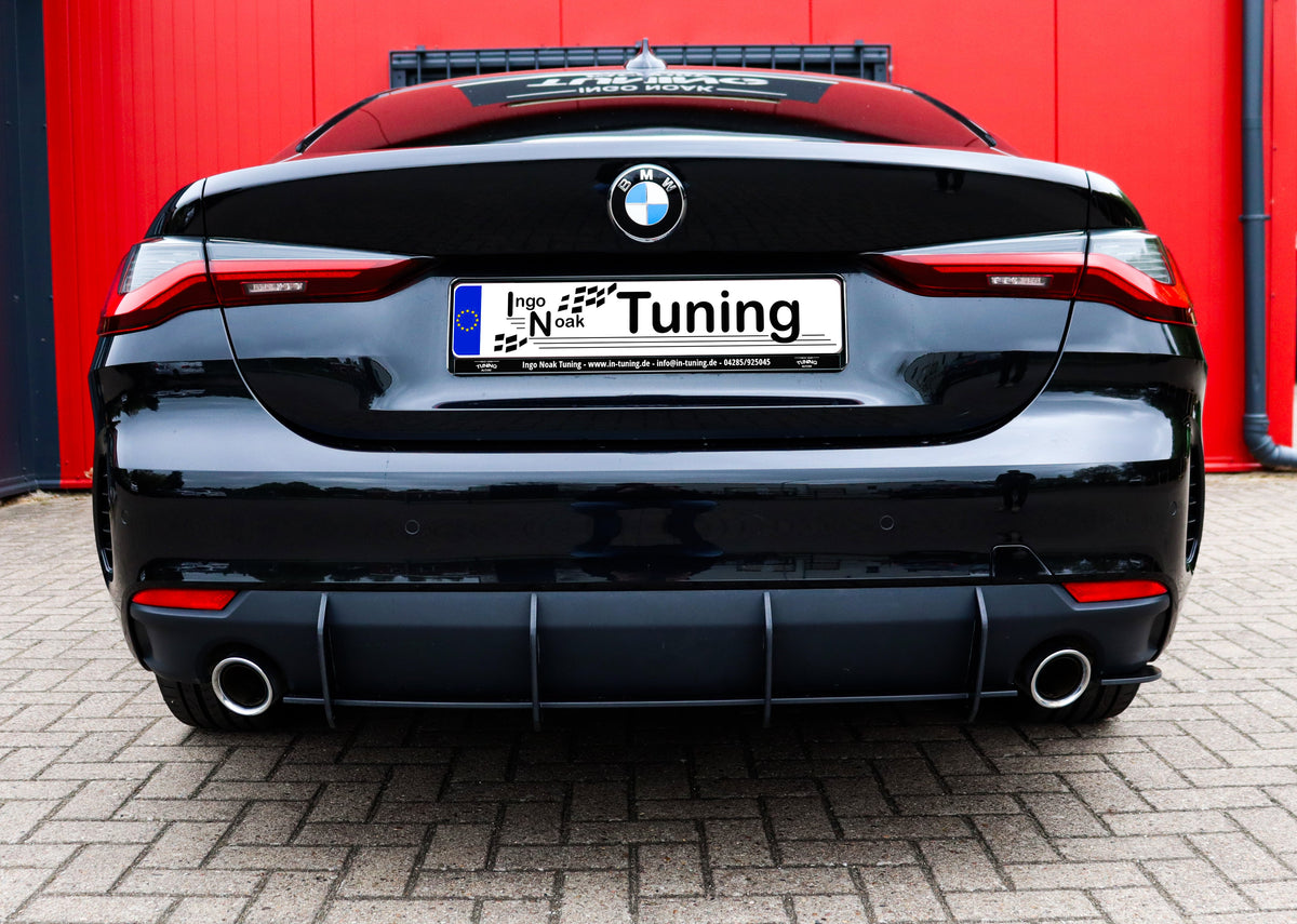 Gefräster Heckansatz für BMW 4er G22/G23 ohne M-Paket, Ingo Noak Tuning, aus hochwertigem ABS-Kunststoff, zeigt das Design des Heckansatzes.