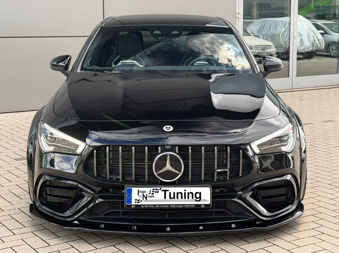 Frontspoilerlippe aus ABS für Mercedes CLA 35/45 AMG, Aeropaket, von Ingo Noak Tuning, zeigt die sportliche Fahrzeugfront