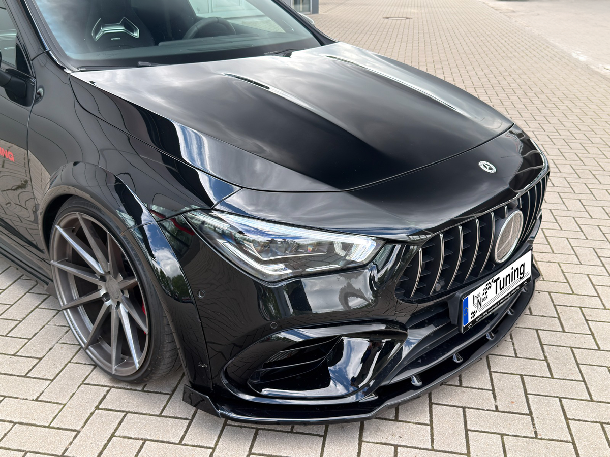 ABS Frontspoilerlippe mit Wings für Mercedes CLA 35 AMG und CLA 45 AMG, in schwarzem Design, Ingo Noak Tuning