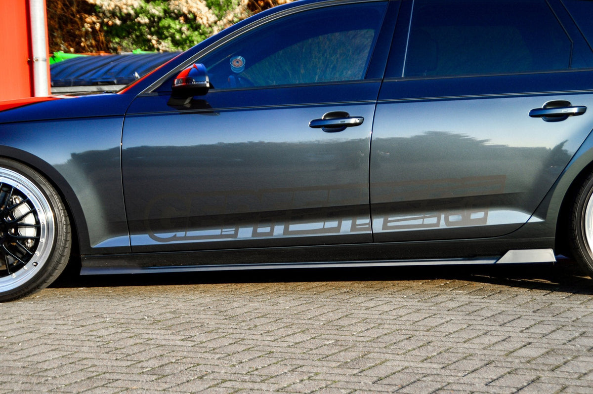 Seitenschweller mit Wings für Audi A4 B9, Ingo Noak Tuning, schwarze Kunststoffteile, seitliche Ansicht