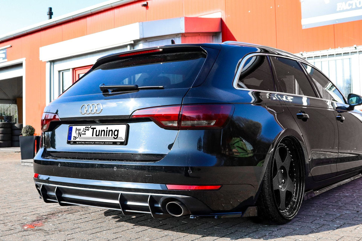 Gefräster ABS-Heckansatz für Audi A4 B9 Avant mit Endrohr links und rechts, von Ingo Noak Tuning, sichtbares Design.