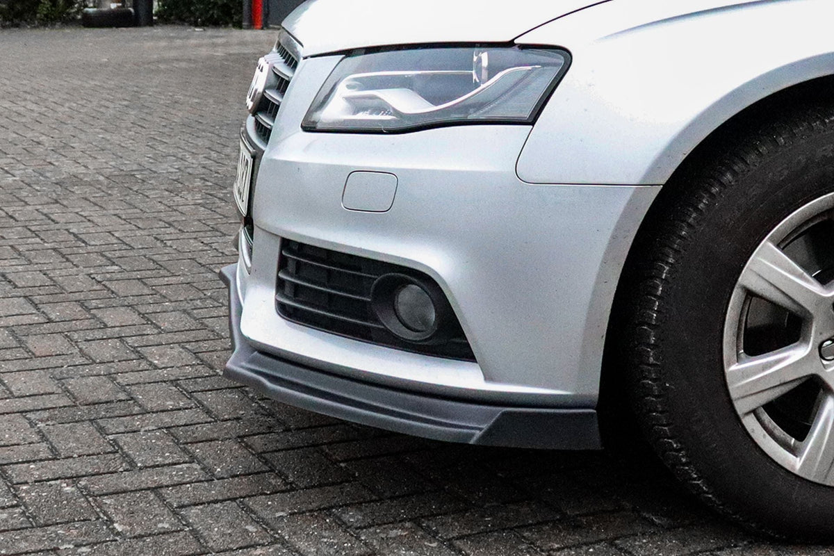 Frontspoilerlippe mit Wings für Audi A4 B8 S-Line, Ingo Noak Tuning, schwarze Kunststoff-Optik, sportliches Design