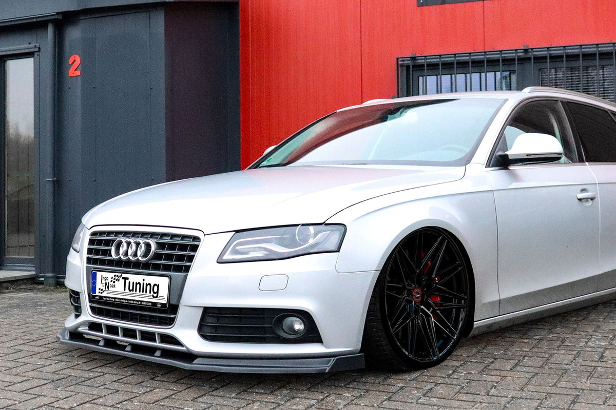 Frontspoilerlippe mit Wings für Audi A4 B8 S-Line, schwarzes Tuning-Teil von Ingo Noak Tuning, zeigt die aerodynamische Optik.